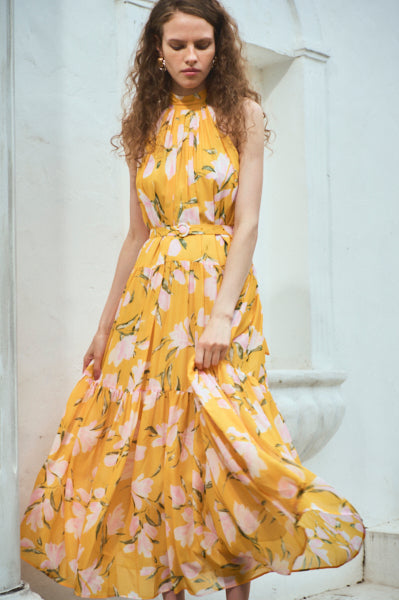 Positano Belted long Dress (new）-YEL×pnk- – Estella.K