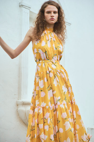 Positano Belted long Dress (new）-YEL×pnk- – Estella.K