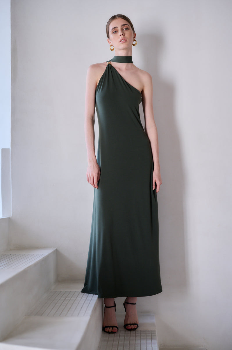 Michiko Yamawaki×Estella.K】One-shoulder jersey dress -Mauve green-