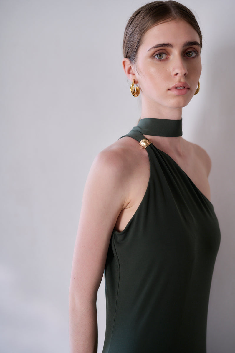 Michiko Yamawaki×Estella.K】One-shoulder jersey dress -Mauve green-