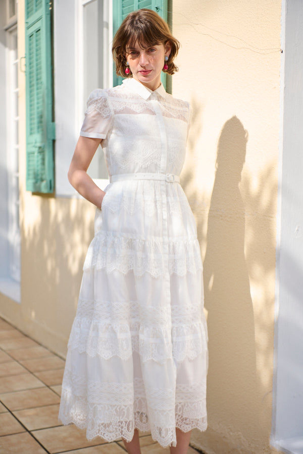 エステラケー　ボーダーレースドレス Rebecca Border Lace Dress -White- – Estella.K