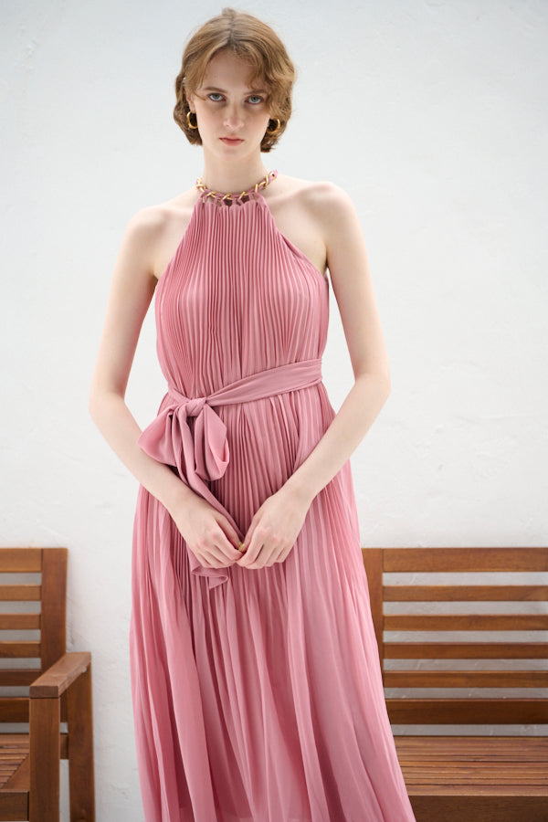 Estella.K ネックチェーンアコーディオンプリーツドレス Agnes Pleated Long Dress ネックチェーンアコーディオン