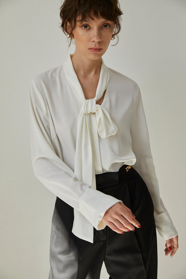 Helga Bow Tied Blouse  <br> -WHT-