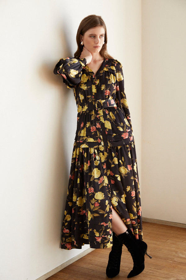 Paloma Belted Long Dress <br> -Flower.BK-