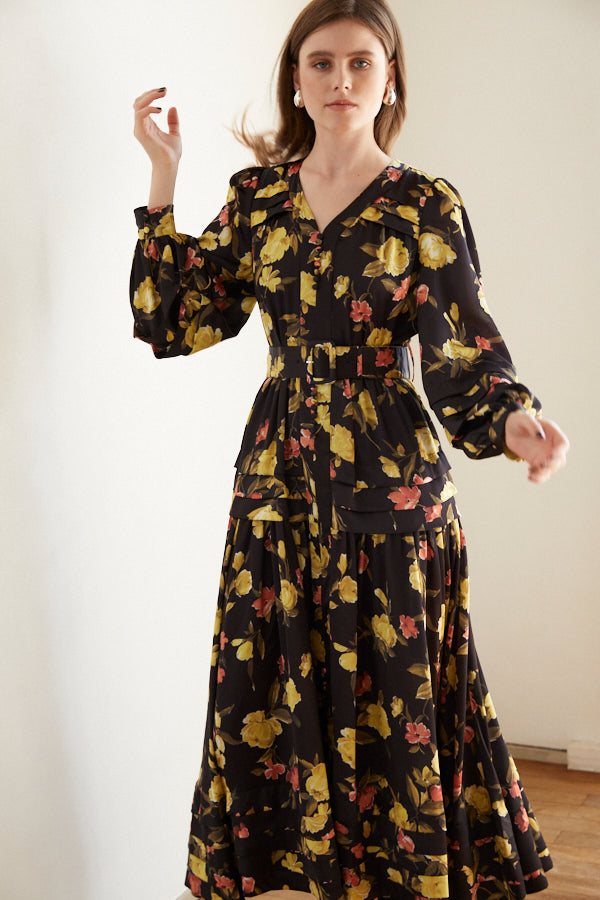 Paloma Belted Long Dress <br> -Flower.BK-