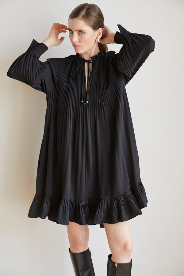 Marion Pleated Dress <br> -BLK-