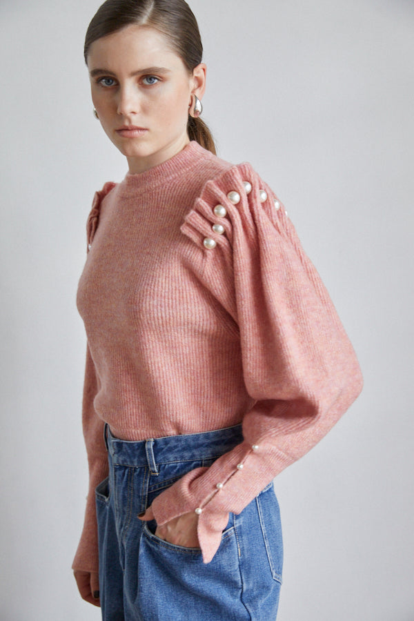 Pearl Crew neck Slash-sleeve sweater -Nuance PNK-