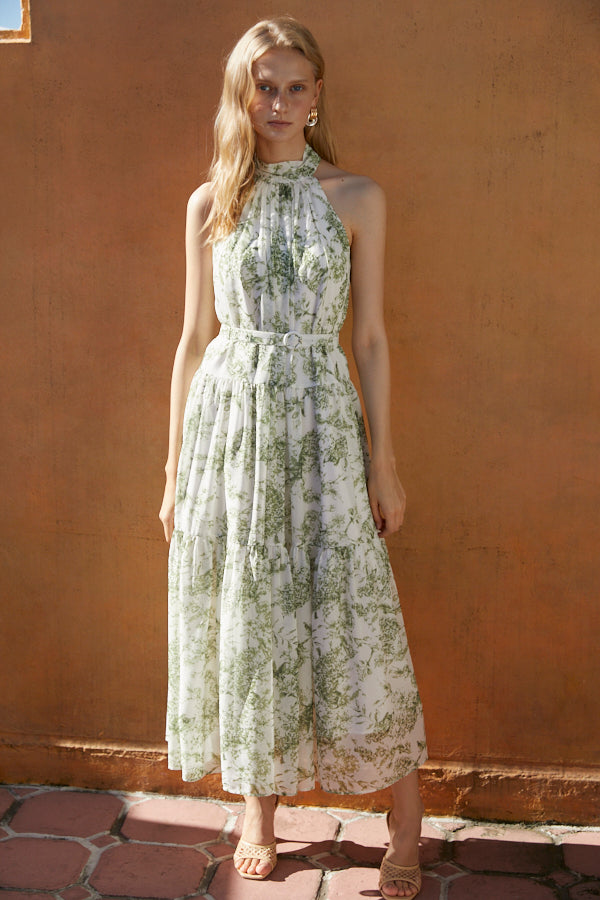 Positano Belted long Dress (Bust pat included), -WHT×grn-