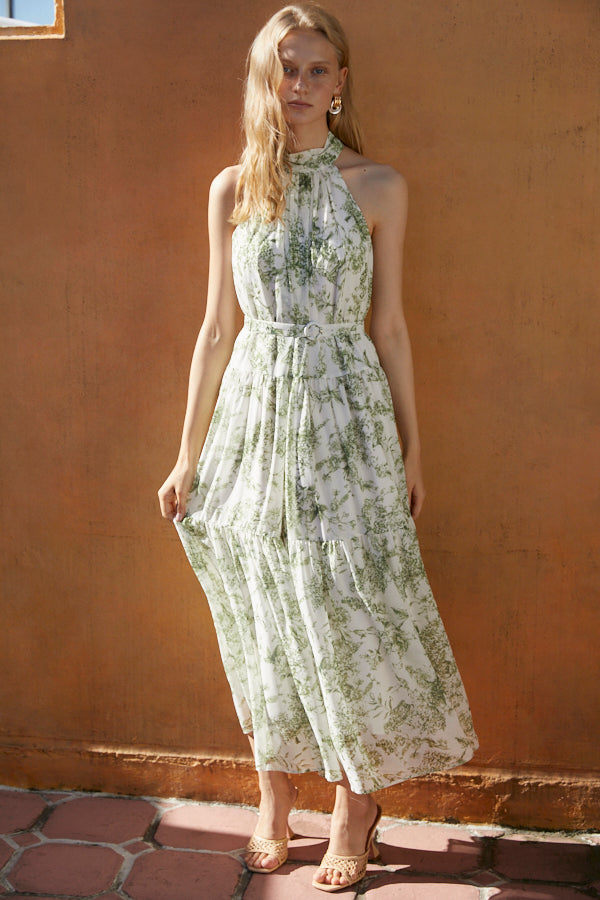 Positano Belted long Dress (Bust pat included)<br>-WHT×grn-