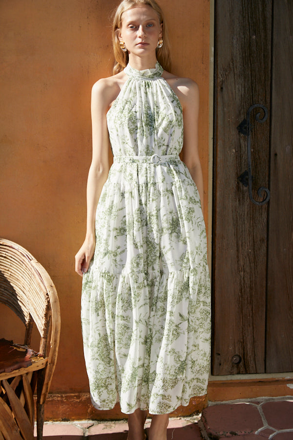 Positano Belted long Dress (Bust pat included)<br>-WHT×grn-