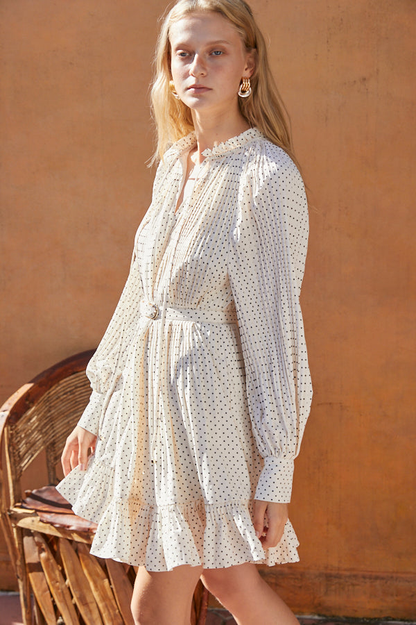 Marion Pleated Dress <br> -WHT Dot-
