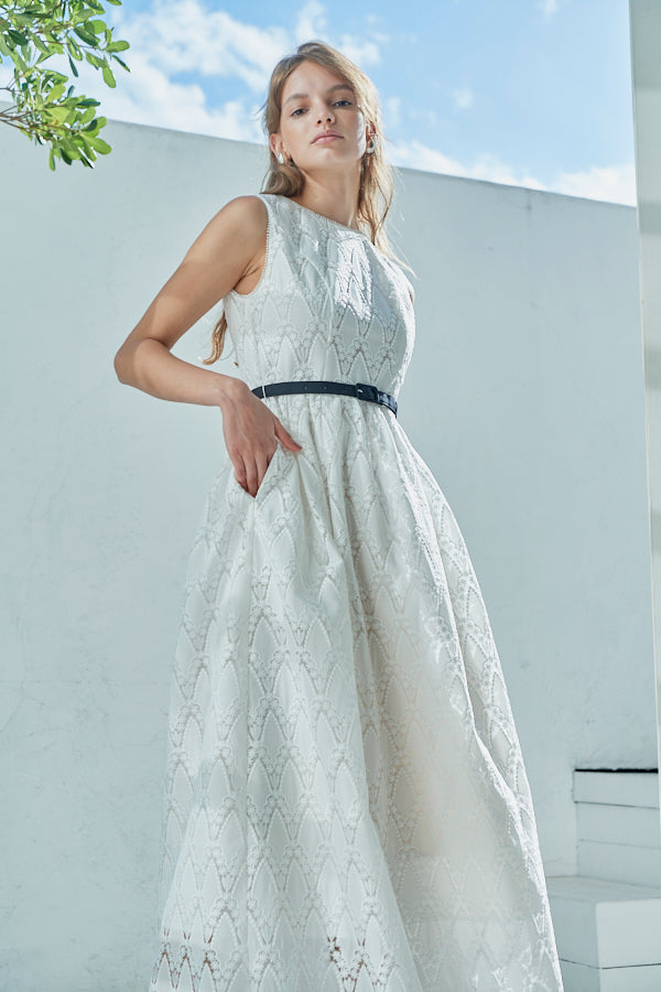 Claudia Lace Belted Dress <br> -WHT-