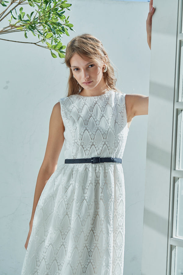 Claudia Lace Belted Dress <br> -WHT-
