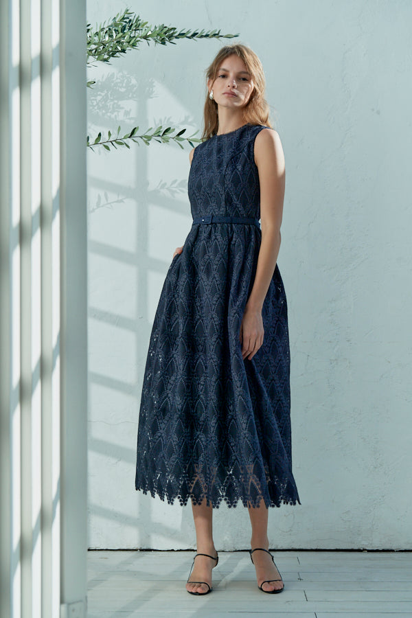 Claudia Lace Belted Dress <br> -NVY-