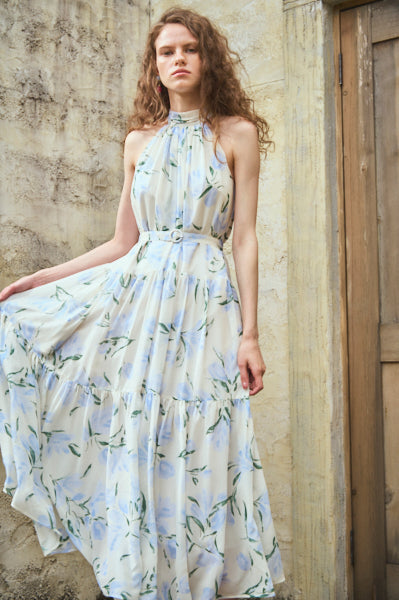 Positano Belted long Dress (new）<br>-WHT×sax-