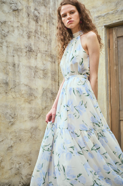 Positano Belted long Dress (new）<br>-WHT×sax-