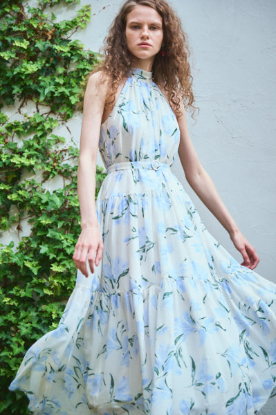 Positano Belted long Dress (new）<br>-WHT×sax-