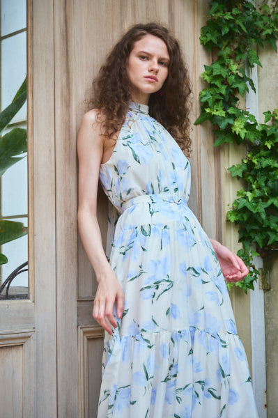 Positano Belted long Dress (new）<br>-WHT×sax-