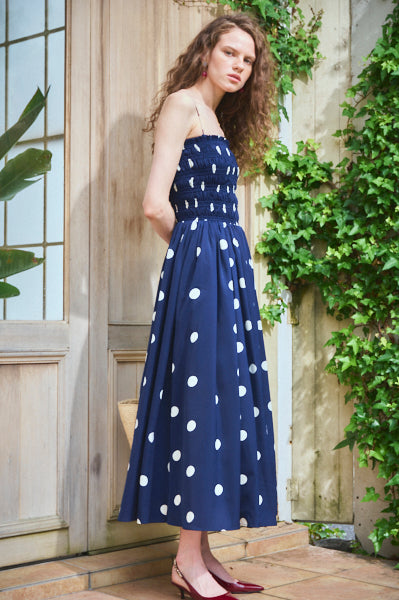 Before Sunset Dress <br>-NVY.wht dot-