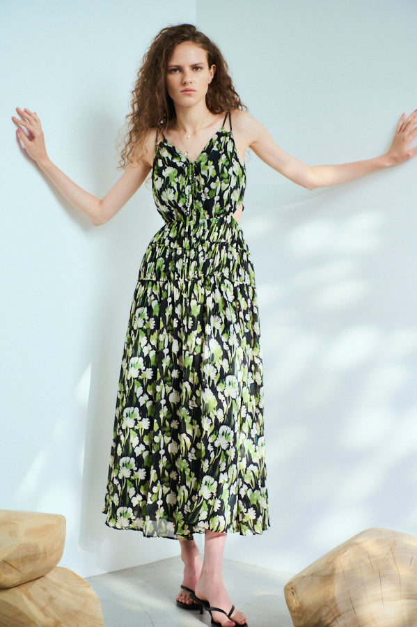 Alicia Long Dress <br>-BLK×grn.pt-