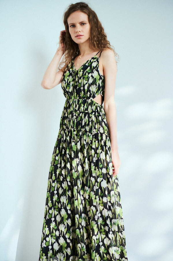 Alicia Long Dress <br>-BLK×grn.pt-