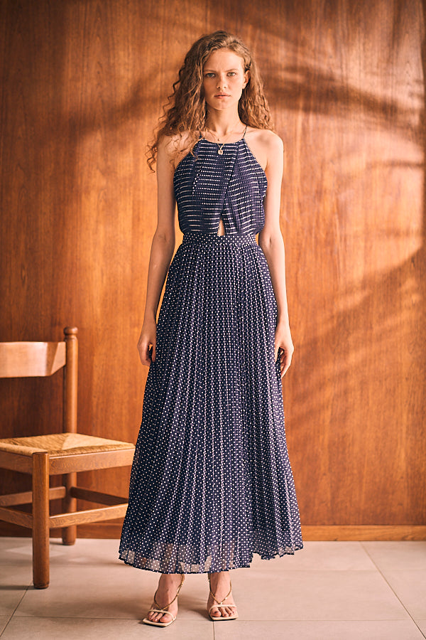 Jenna Pleated Long Dress   <br> -NVY.dot-