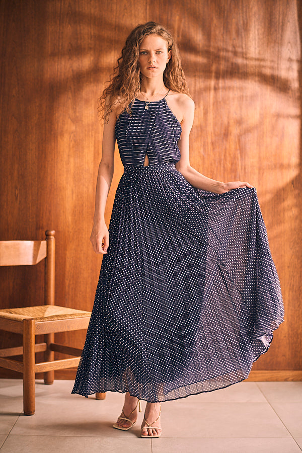 Jenna Pleated Long Dress   <br> -NVY.dot-