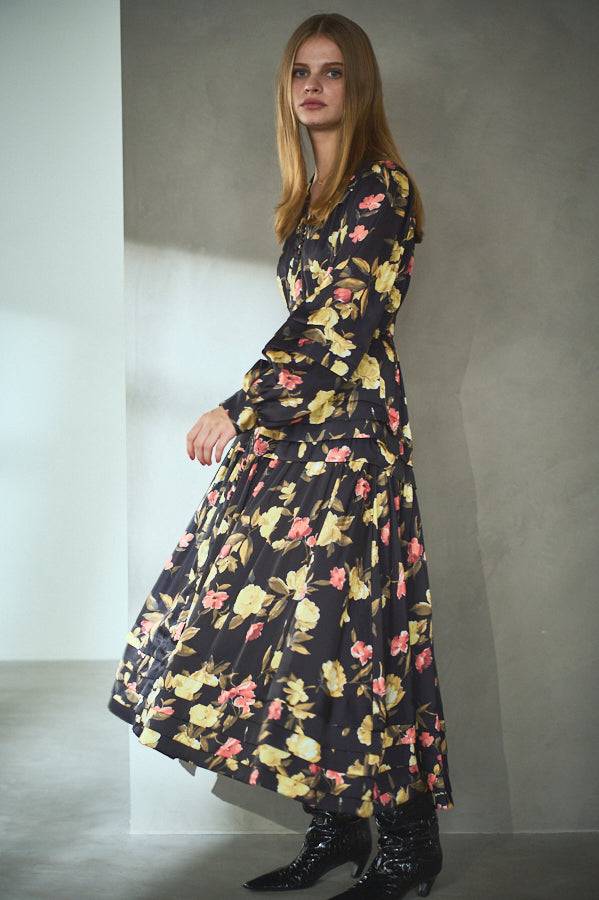 Paloma Belted Long Dress <br> -Flower.BK-