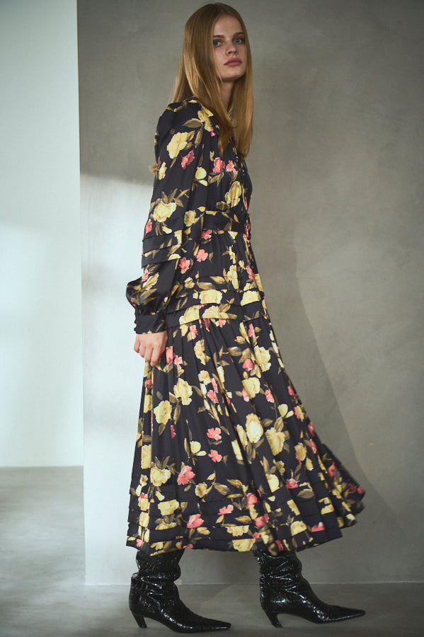 Paloma Belted Long Dress <br> -Flower.BK-