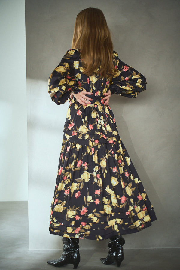 Paloma Belted Long Dress <br> -Flower.BK-