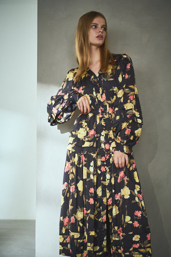 Paloma Belted Long Dress <br> -Flower.BK-