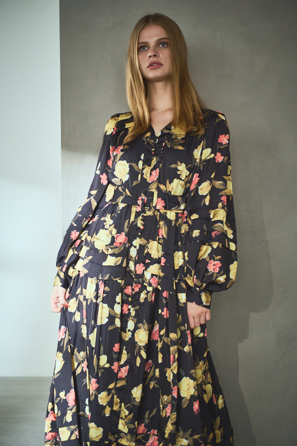 Paloma Belted Long Dress <br> -Flower.BK-