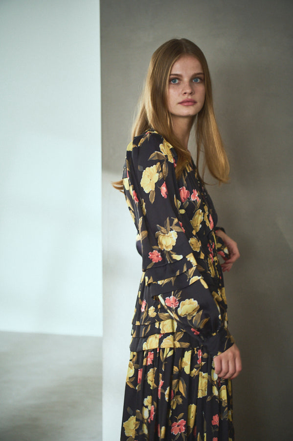 Paloma Belted Long Dress <br> -Flower.BK-