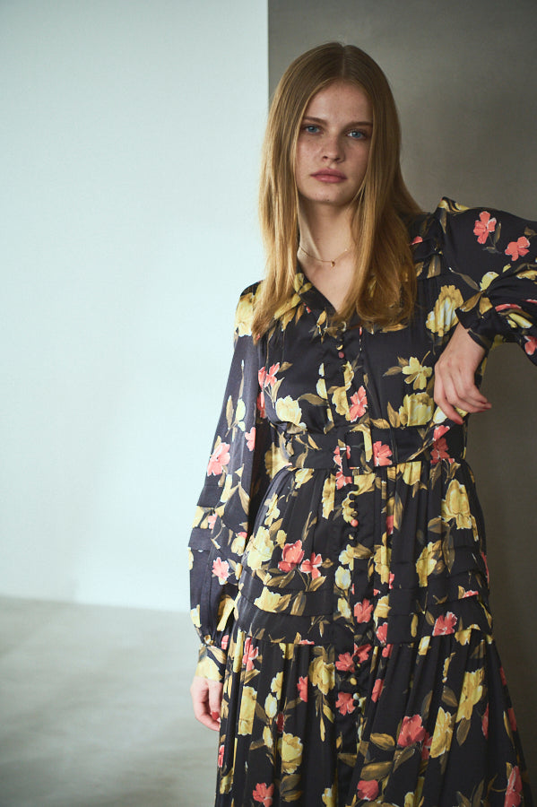 Paloma Belted Long Dress <br> -Flower.BK-