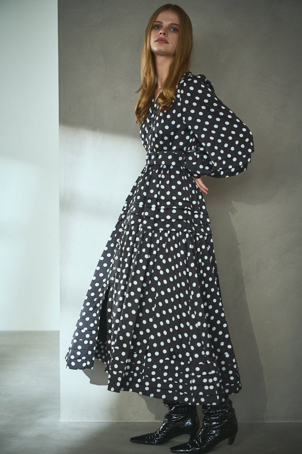 Paloma Belted Long Dress <br> -Dot.BLK-