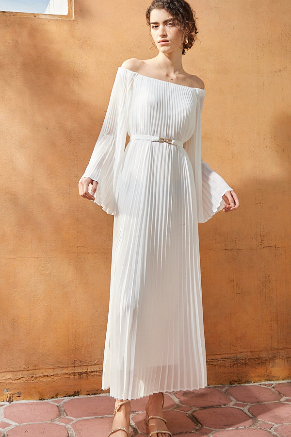 Ester Pleated Dress <br>-WHT-