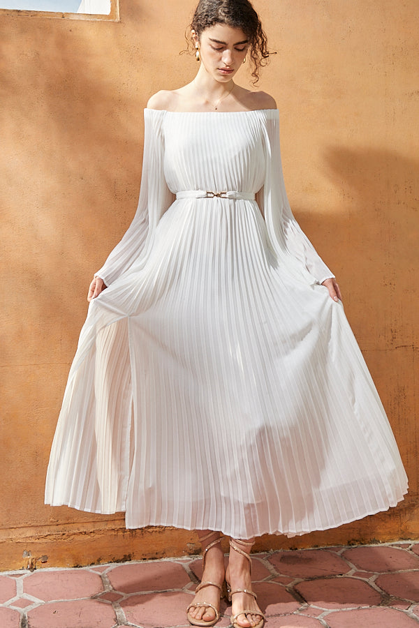 Ester Pleated Dress <br>-WHT-