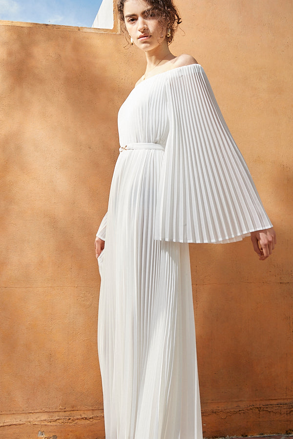 Ester Pleated Dress <br>-WHT-