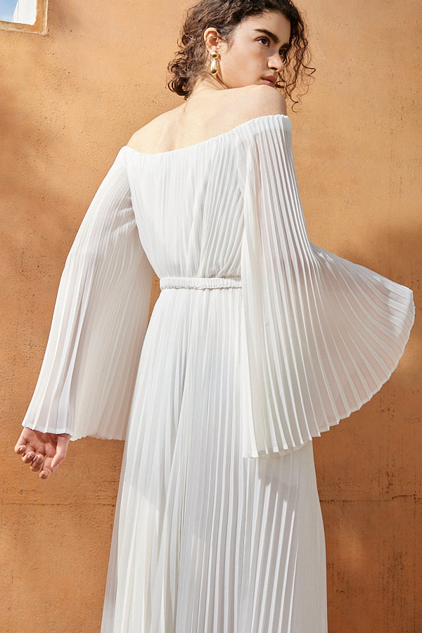 Ester Pleated Dress <br>-WHT-