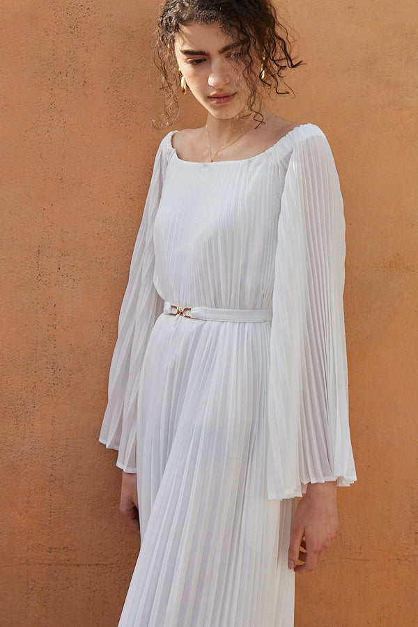 Ester Pleated Dress <br>-WHT-