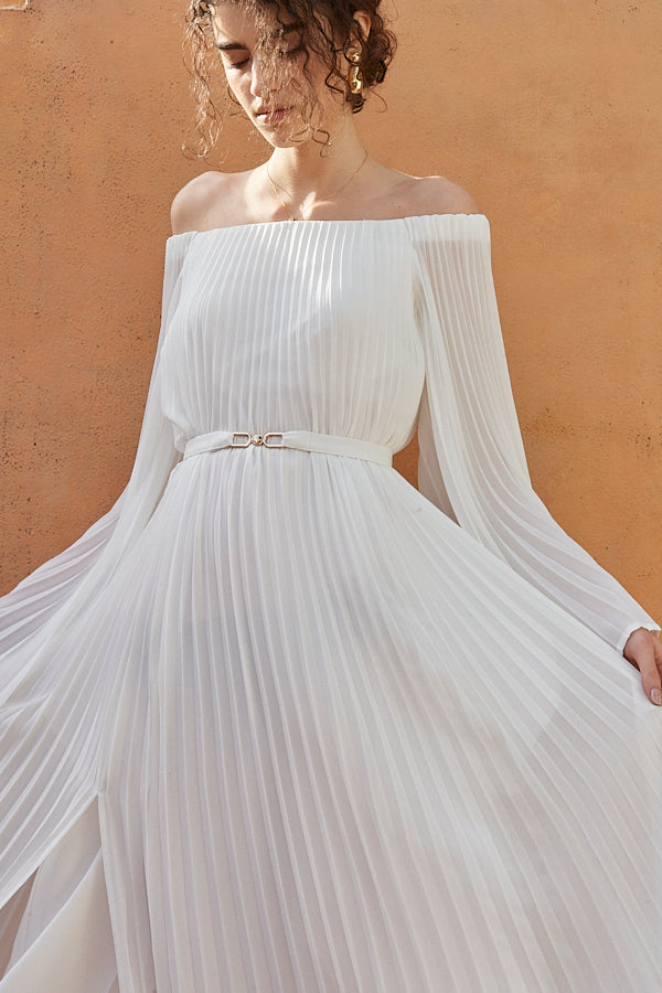 Ester Pleated Dress <br>-WHT-