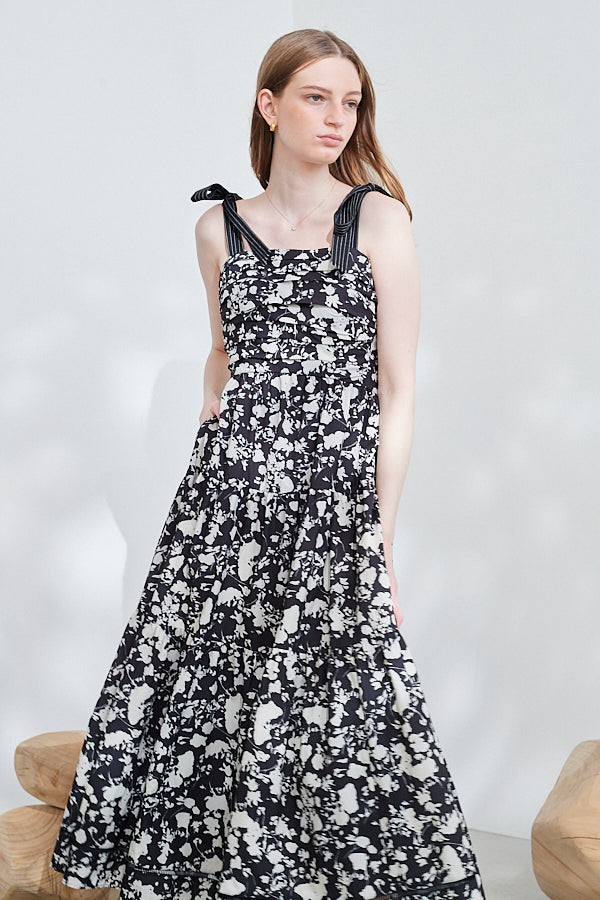 Sandra Floral-print long dress <br> -BLK x off pt-