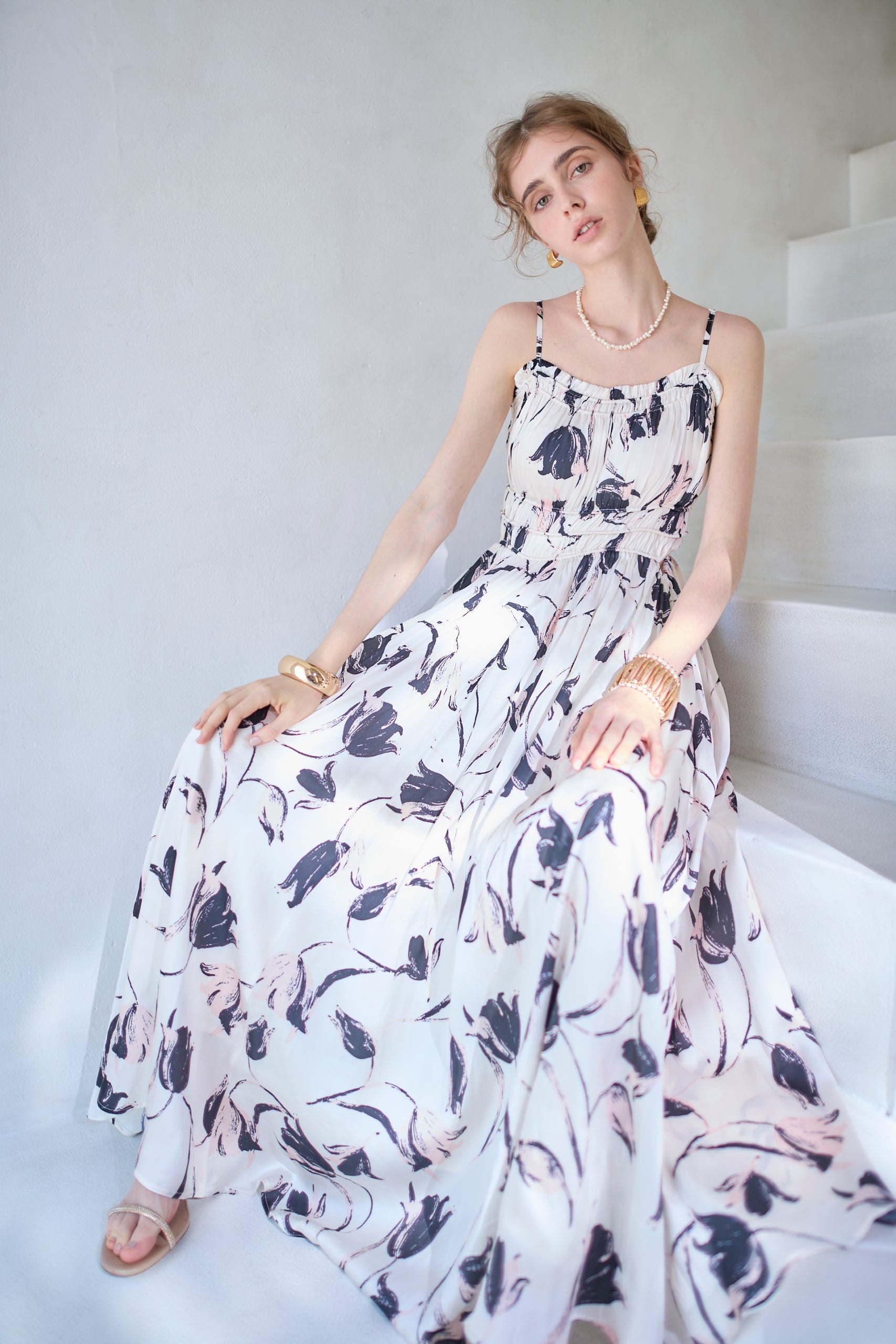Julia Satin print Long Dress -Pink.print- – Estella.K