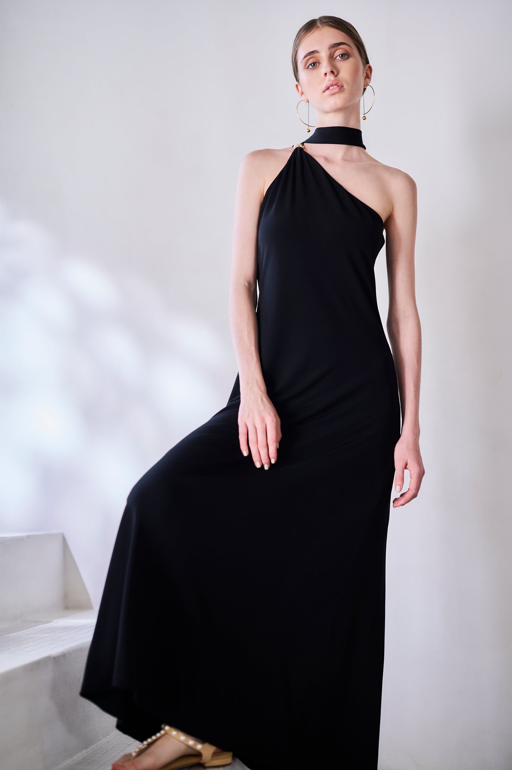 25SS Estella.K ワンショルダーカットドレス黒ミチコヤマワキ コラボ Michiko Yamawaki×Estella.K】One-shoulder jersey dress -Black-