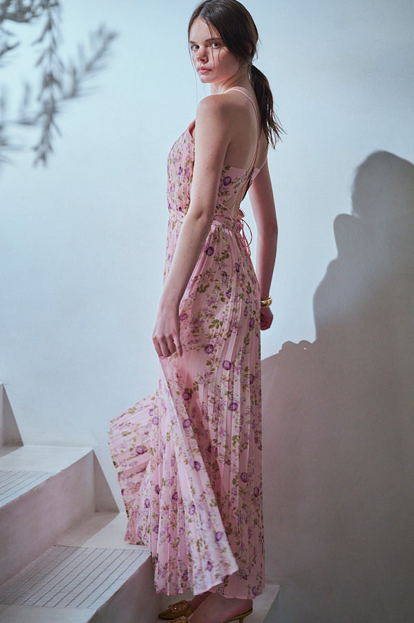 Jenna Pleated Long Dress -Pink.flower- – Estella.K