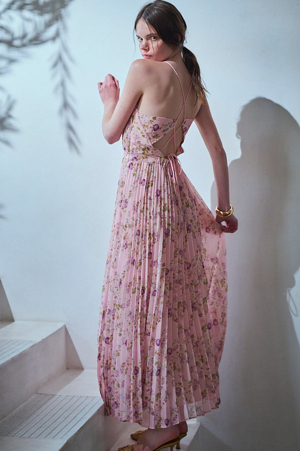 Jenna Pleated Long Dress -Pink.flower- – Estella.K