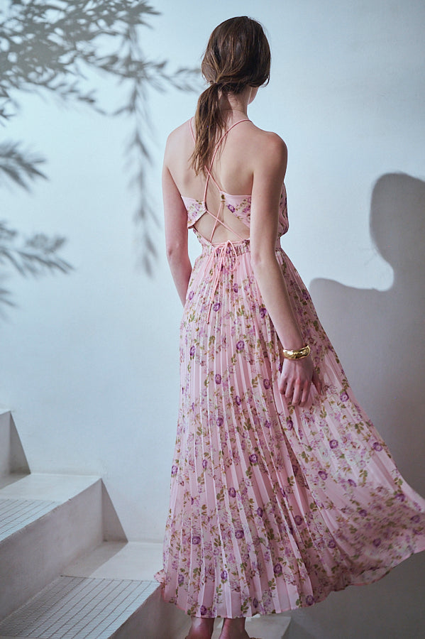 Jenna Pleated Long Dress -Pink.flower- – Estella.K