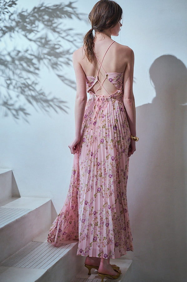 Jenna Pleated Long Dress -Pink.flower- – Estella.K