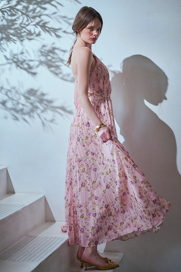 Jenna Pleated Long Dress -Pink.flower- – Estella.K