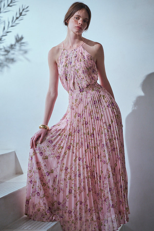 新品タグ付き　エステラケー　フラワープリントロングドレス Jenna Pleated Long Dress -Pink.flower- – Estella.K